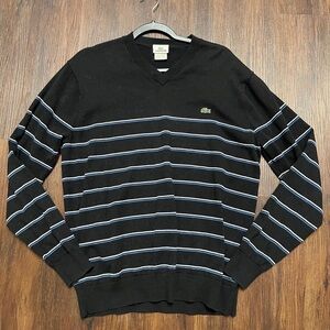 Vintage Lacoste Men’s Navy V-Neck Stripe Sweater